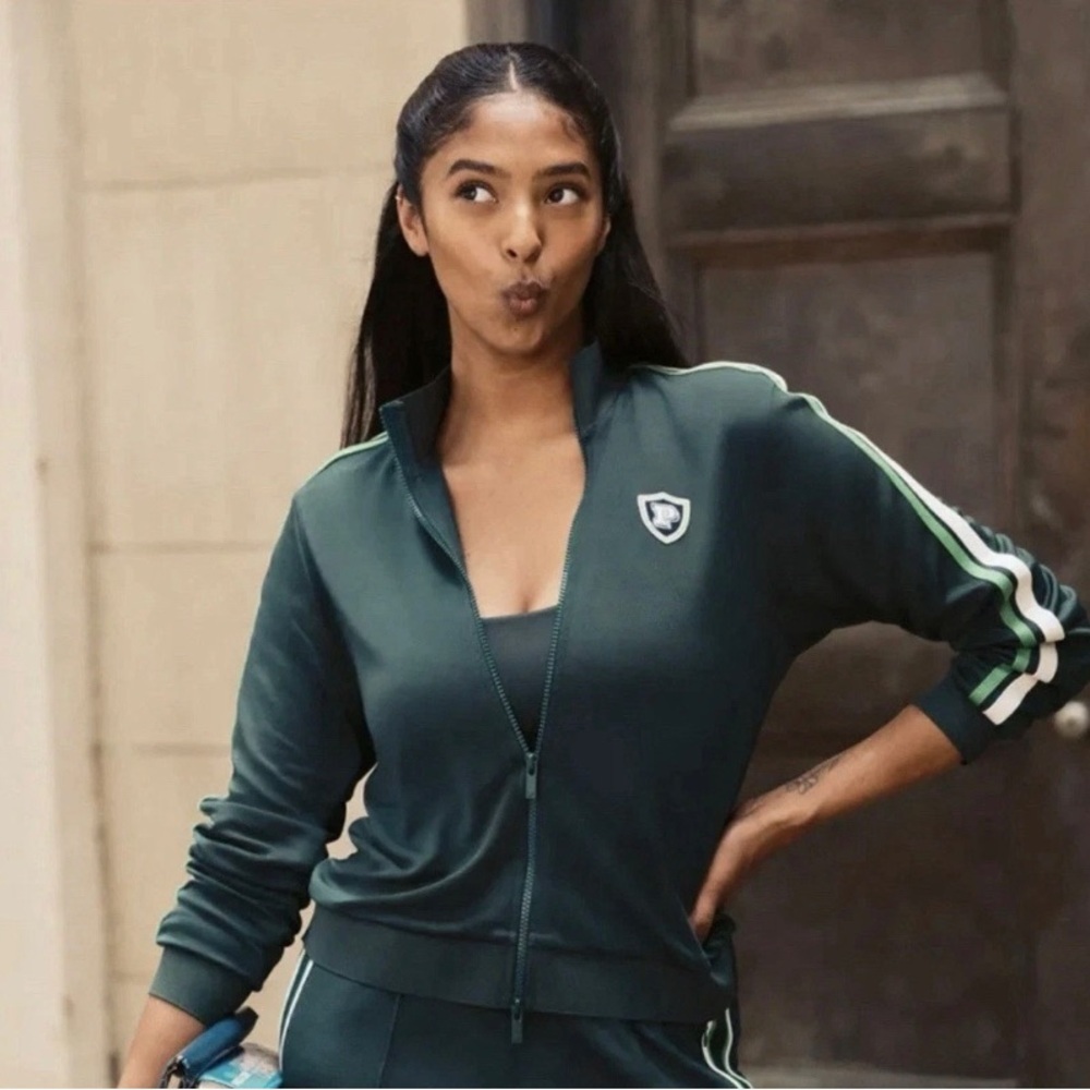 PINK Victoria's Secret Dark Green Varsity Zip Jacket with Stripe